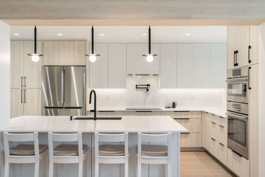 The newly renovated kitchen with a bright, neutral design scheme.