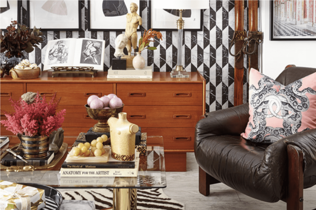 A maximalist space with layers of patterns, textures, and colors