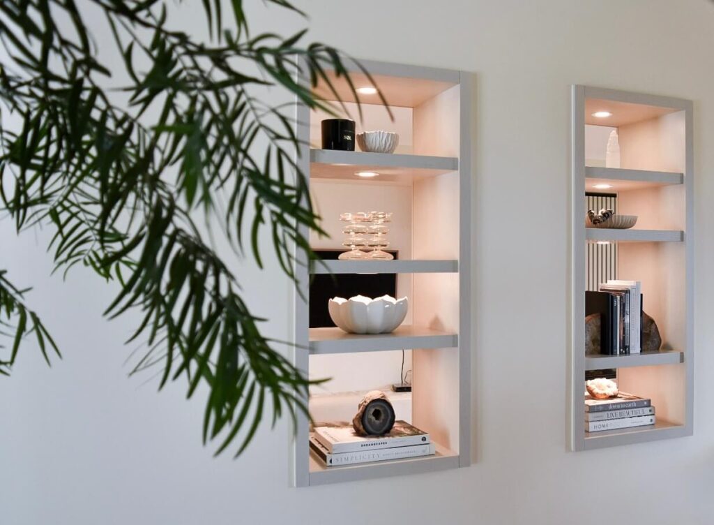 Detail image of cutout shelves in Ranger Crescent living room