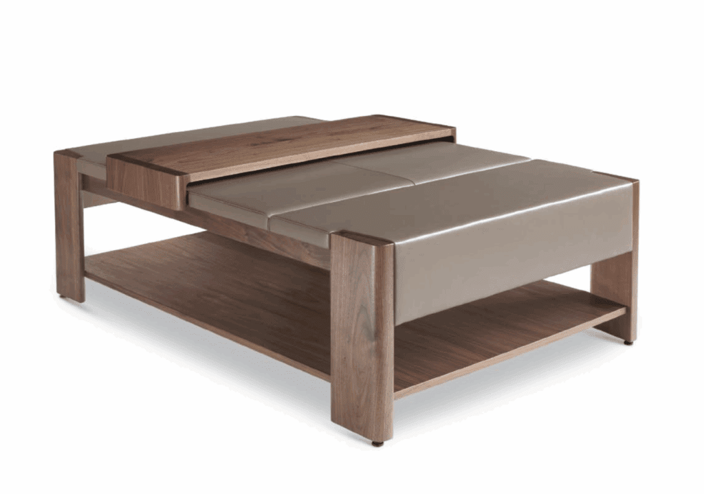 An upholstered ottoman made from leather and walnut wood.
