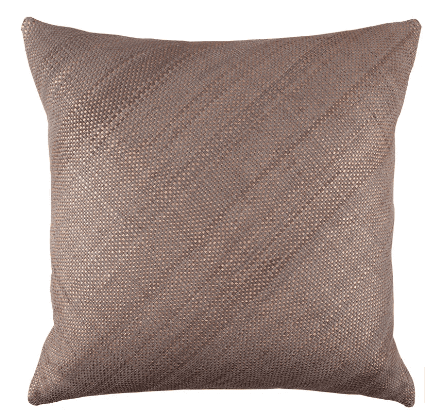 A woven leather toss pillow in warm taupe tones.