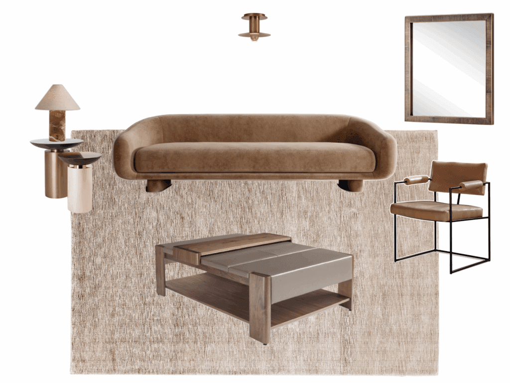 A visual of how to combine Mocha Mousse furnishings in a living room.