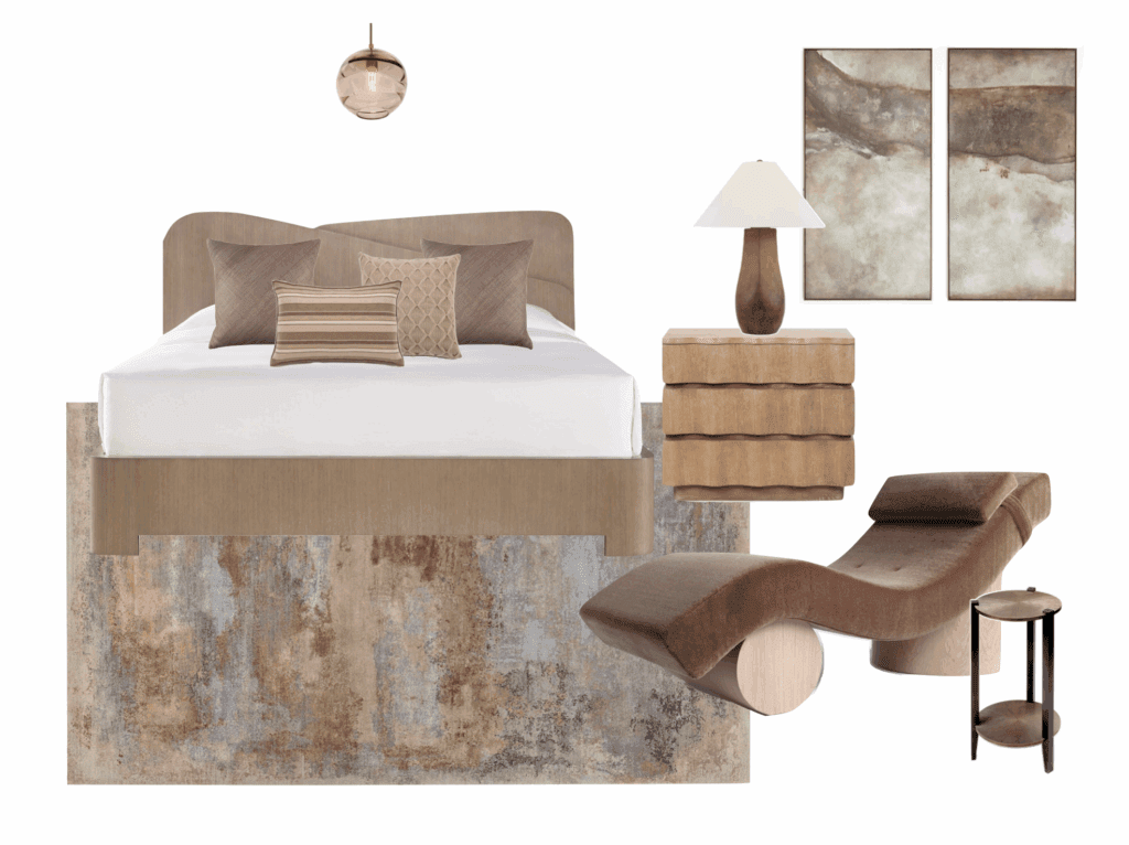 A visual of how to combine Mocha Mousse furnishings in a bedroom.