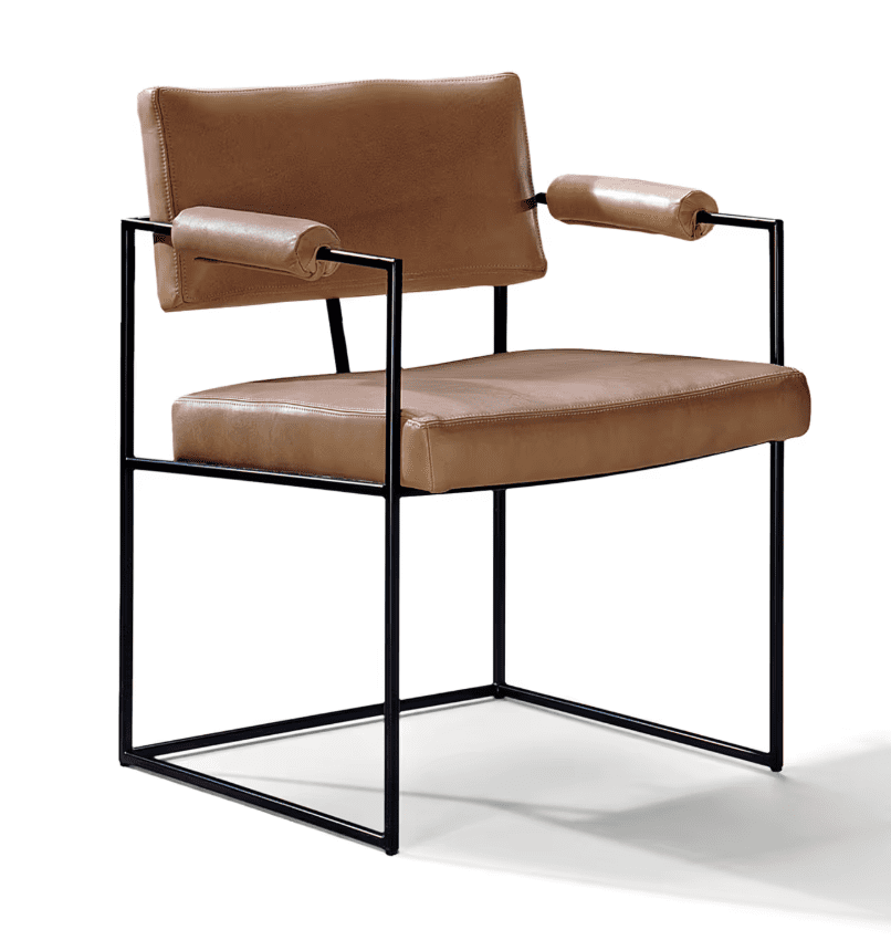 A metal and leather dining chair in Pantone's colour of the year Mocha Mousse.