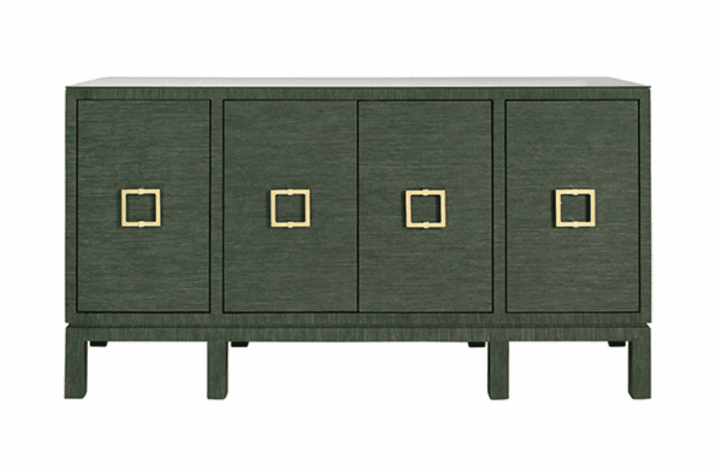 A buffet wrapped in dark green grasscloth