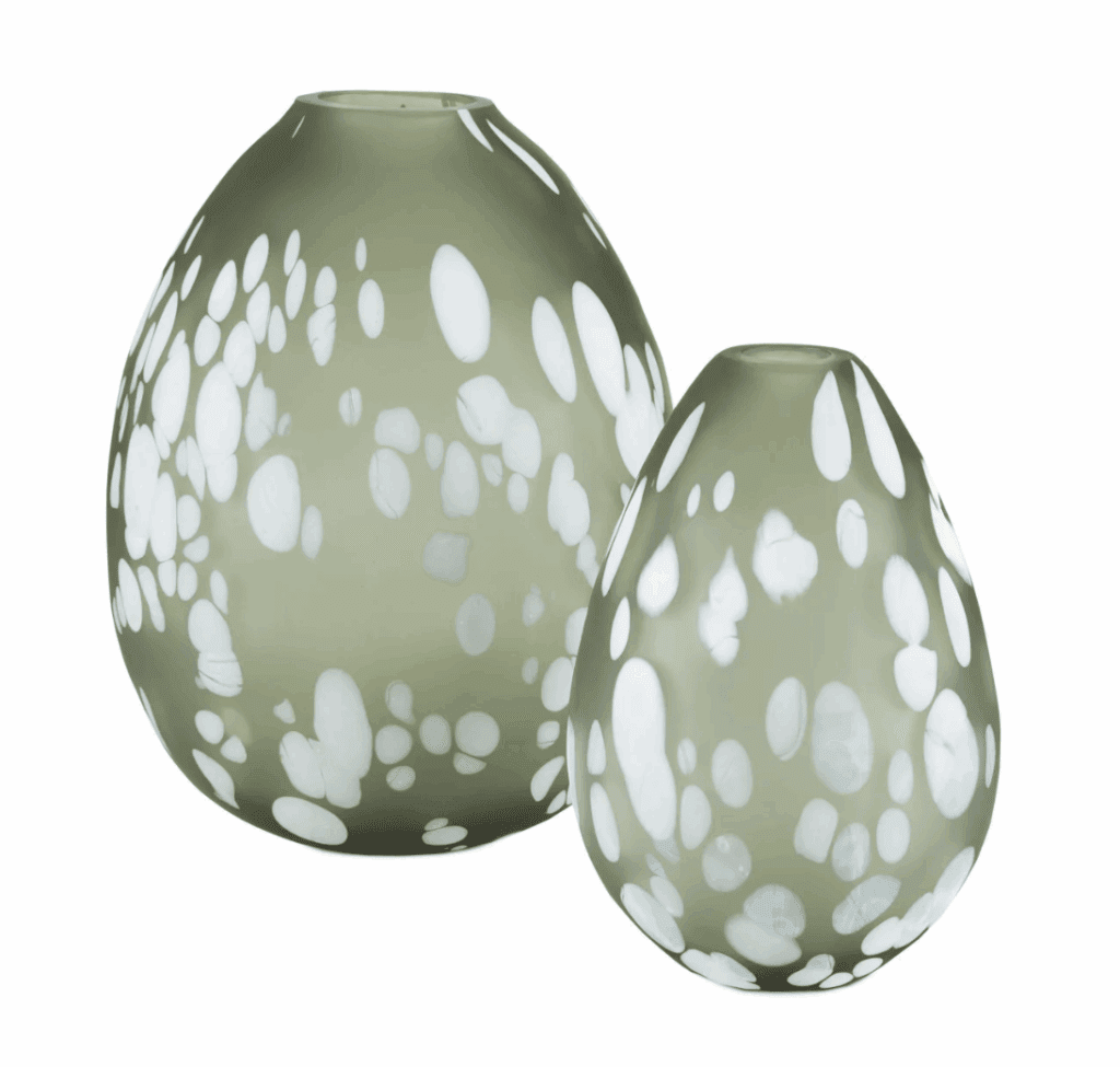 A set of two olive green glass vases with white flecks