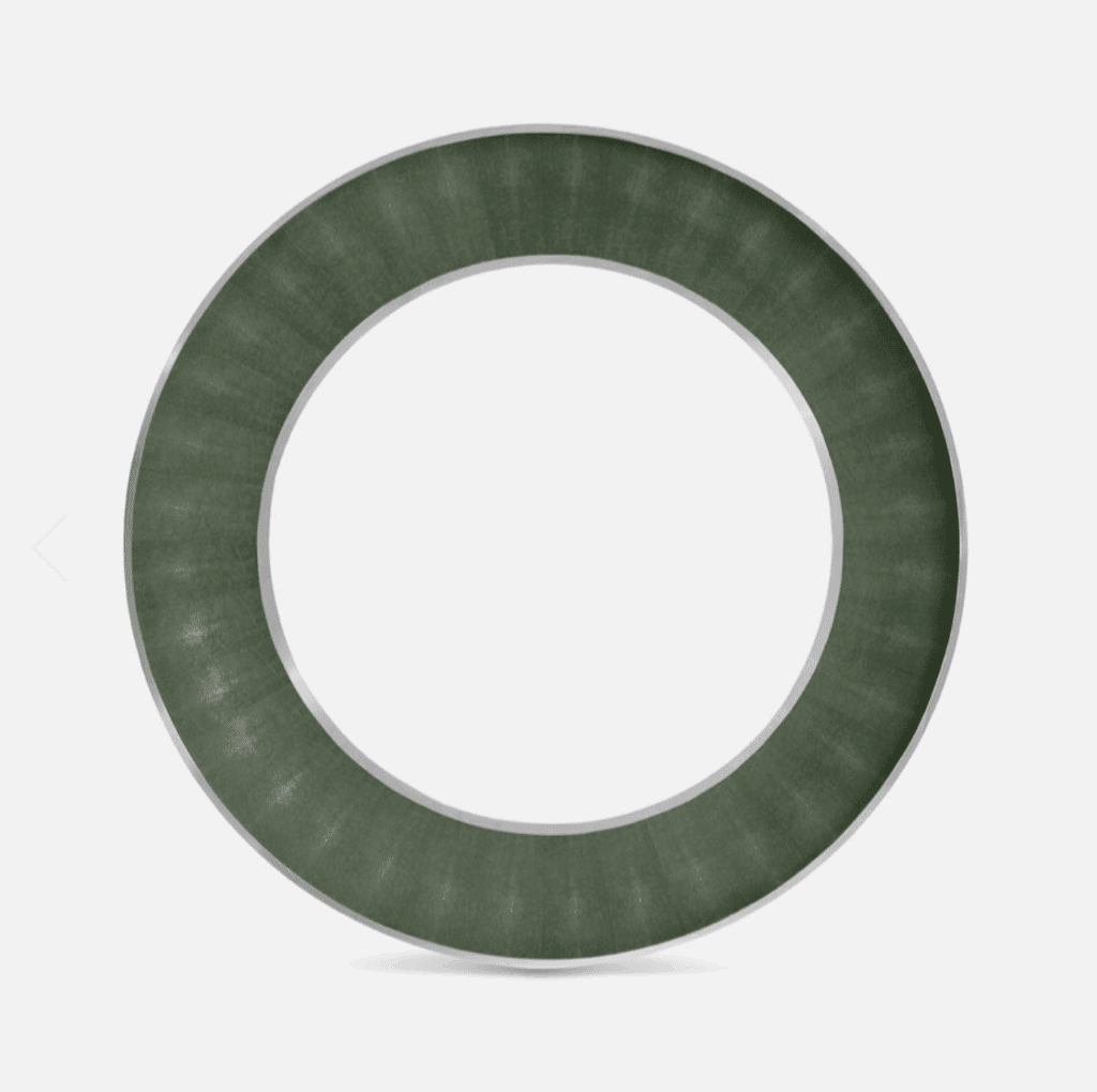 A faux shagreen round mirror featuring the colour trend olive green