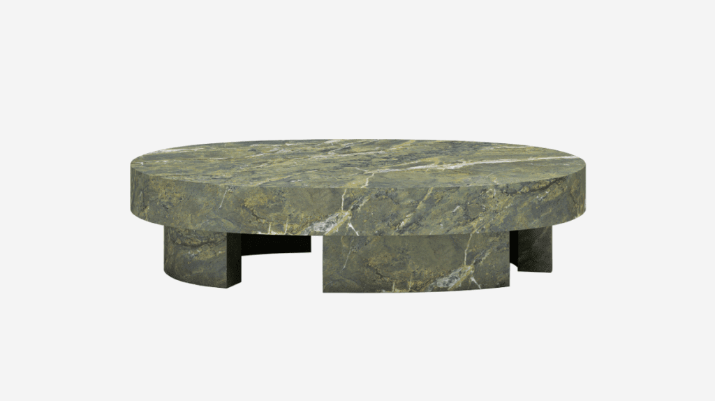 A large, round coffee table in olive green marble