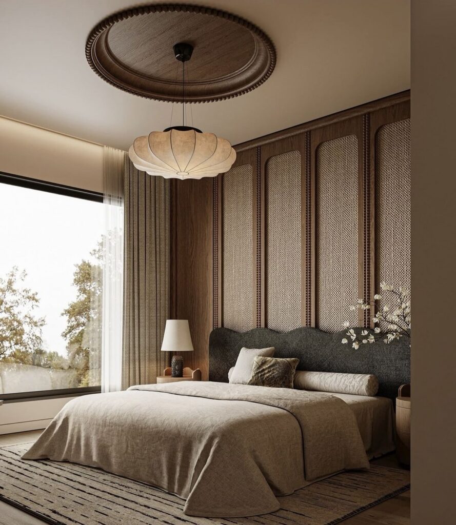 A bedroom with acoustic panels above the bed